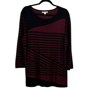 Dana Buchman Classic Striped Cotton Blend Knit Tunic Top XL Burgundy Black